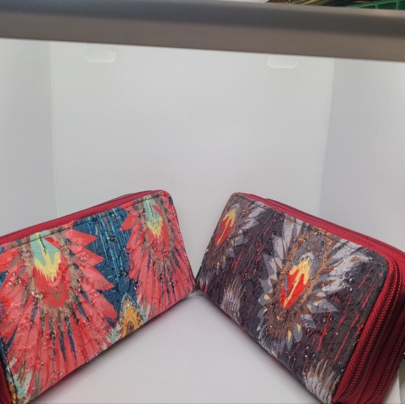 Abstract Red Floral Women Wallet Clutch Double Zip Wristlet Boho Multicolour - Picture 1 of 5